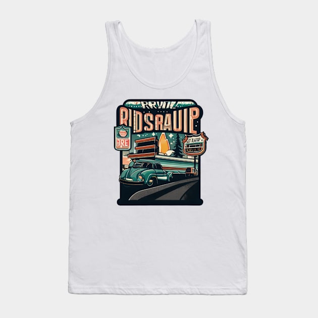 A graphic that captures the vintage vibe of a classic road trip, complete with iconic roadside attractions and retro typography. Tank Top by maricetak